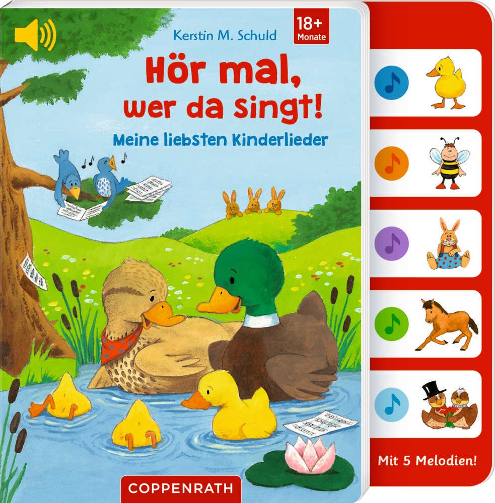 Buchcover mit illustrierten Enden an einem Teich. Rechts erscheinen Musikknöpfe mit Tierbildern.