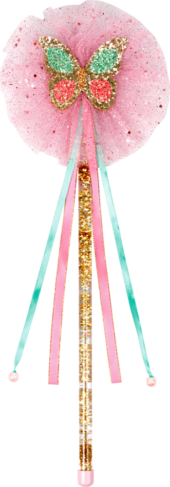 Funkelnder Feenstab mit rosa Tüllrosette, Glitzerschmetterling und pastellblau-rosa Bändern.