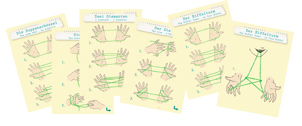 Schachtel mit der Aufschrift „6 Fadenspiele“ und daneben eine Schnur zum Fadenspiel.