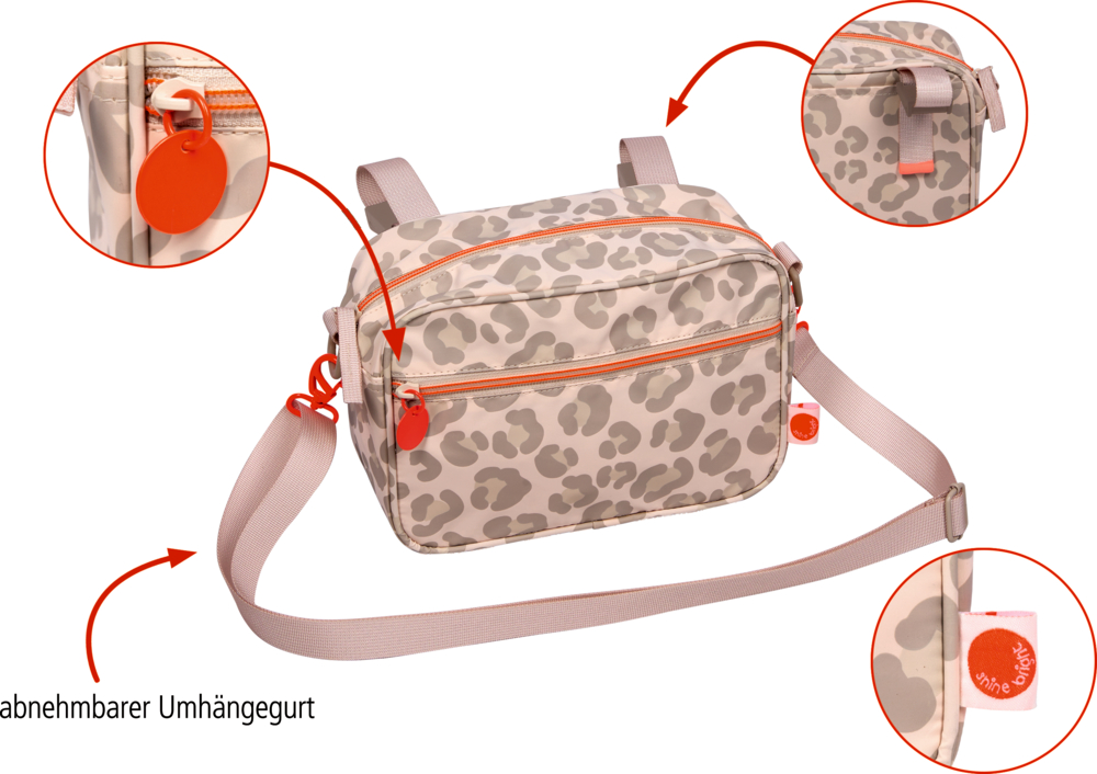 Beige Umhängetasche mit grauem Leopardenmuster, orangefarbenen Reißverschlüssen und abnehmbarem rosa Schultergurt.