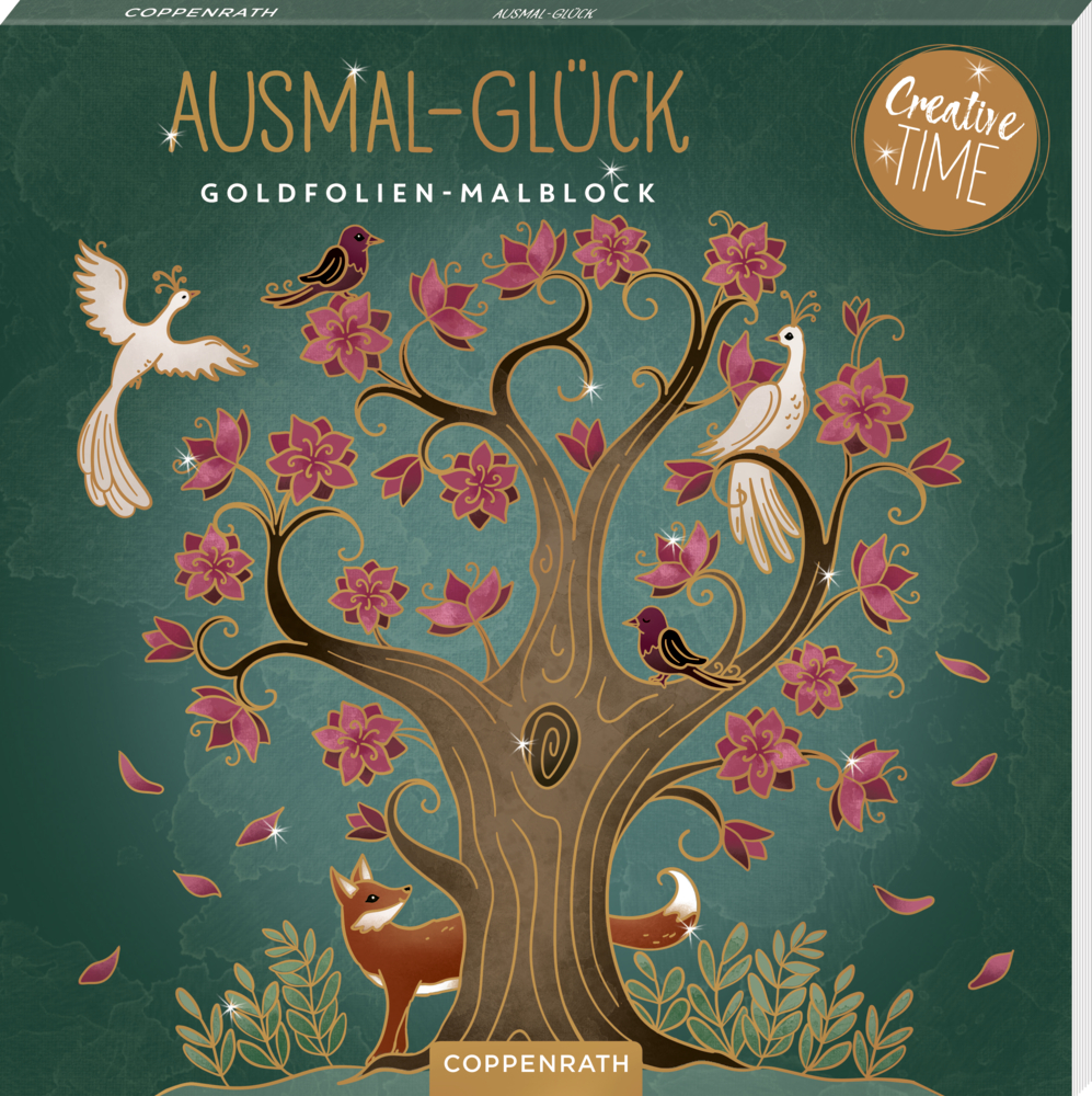 Malblock mit goldenem Baum, rosa Blüten, drei Vögeln und einem Fuchs auf grünem Hintergrund.