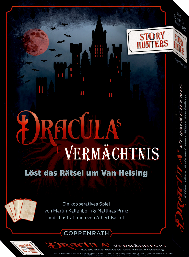 Spielschachtel zu Draculas Vermächtnis mit dunklem Schloss, Fledermäusen und rotem Mond im Hintergrund.