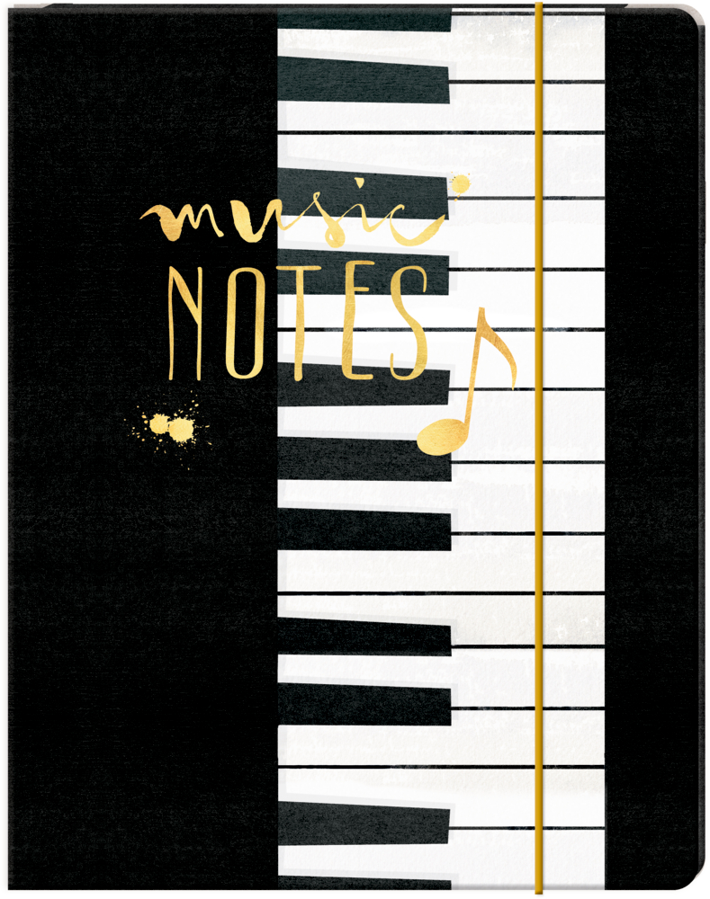 Rechteckiges Objekt mit Klaviertasten, den Worten „music NOTES“, einer goldenen Musiknote und einem goldenen Band.