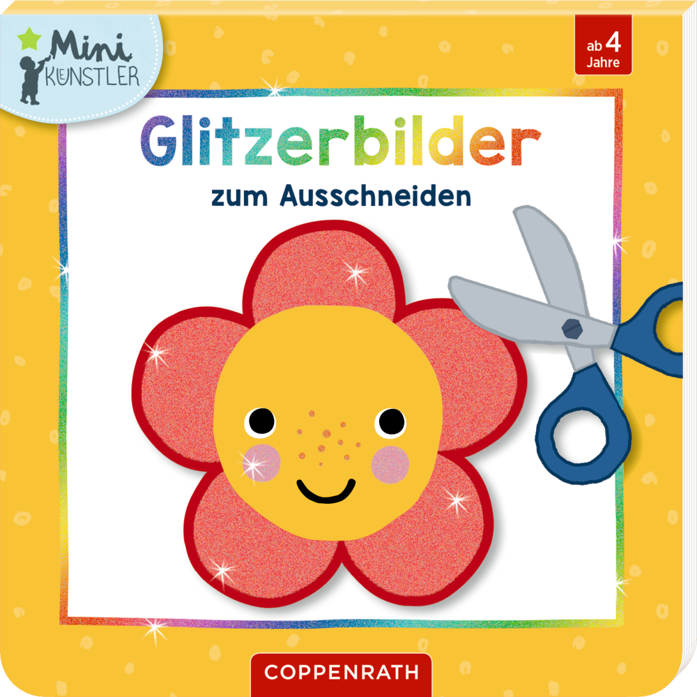 Eine lachende Blume und eine Schere auf einem bunten Buchcover für Kinder ab 4 Jahren.
