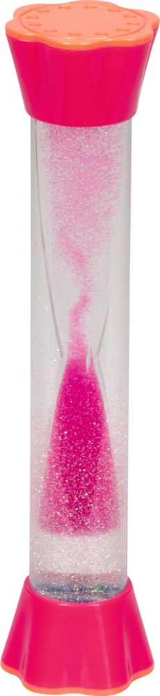 Ein rosa Glitzer-Wirbel, der wie eine Sanduhr aussieht, durch den glitzernder Sand von oben nach unten fließt.