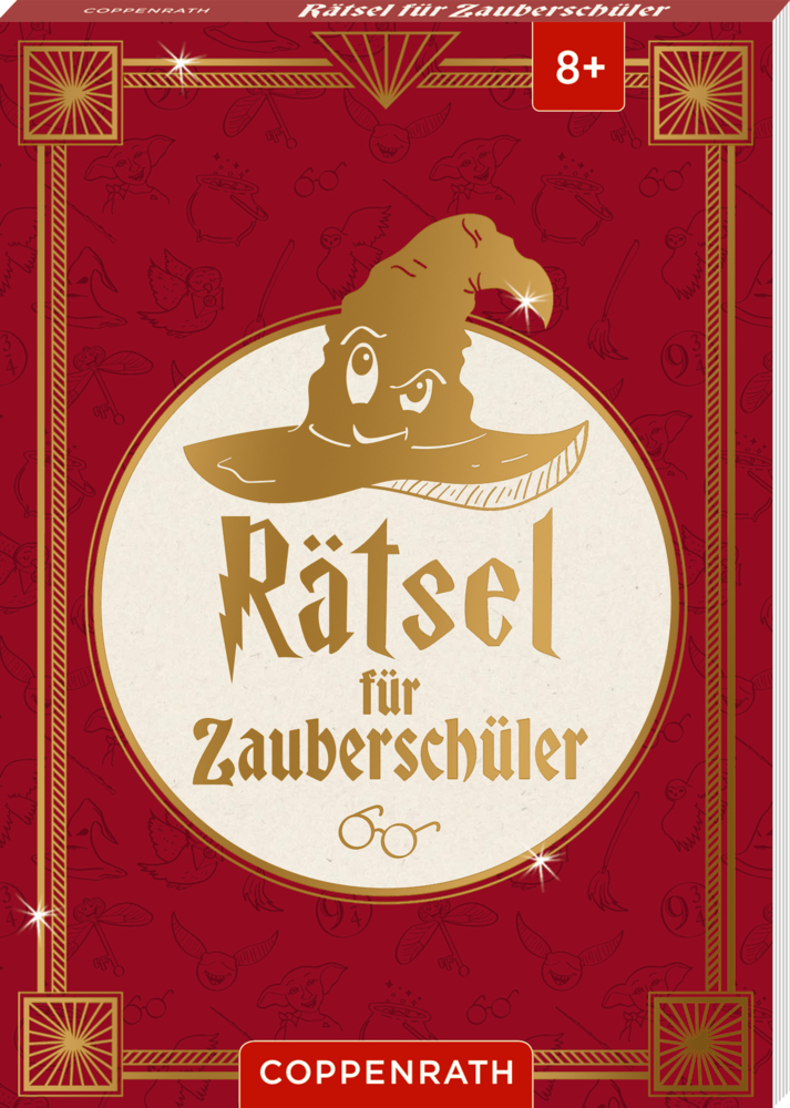 Rotes Buchcover mit goldener Zeichnung eines Zauberhuts und der Schrift „Rätsel für Zauberschüler“.
