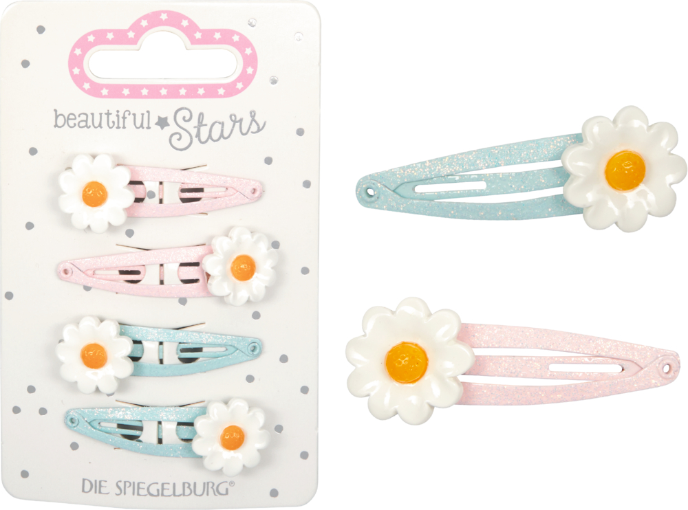 Set aus vier pastellfarbenen Haarspangen in rosa und hellblau mit weißen Gänseblümchen, einzeln und auf der Displaykarte präsentiert.