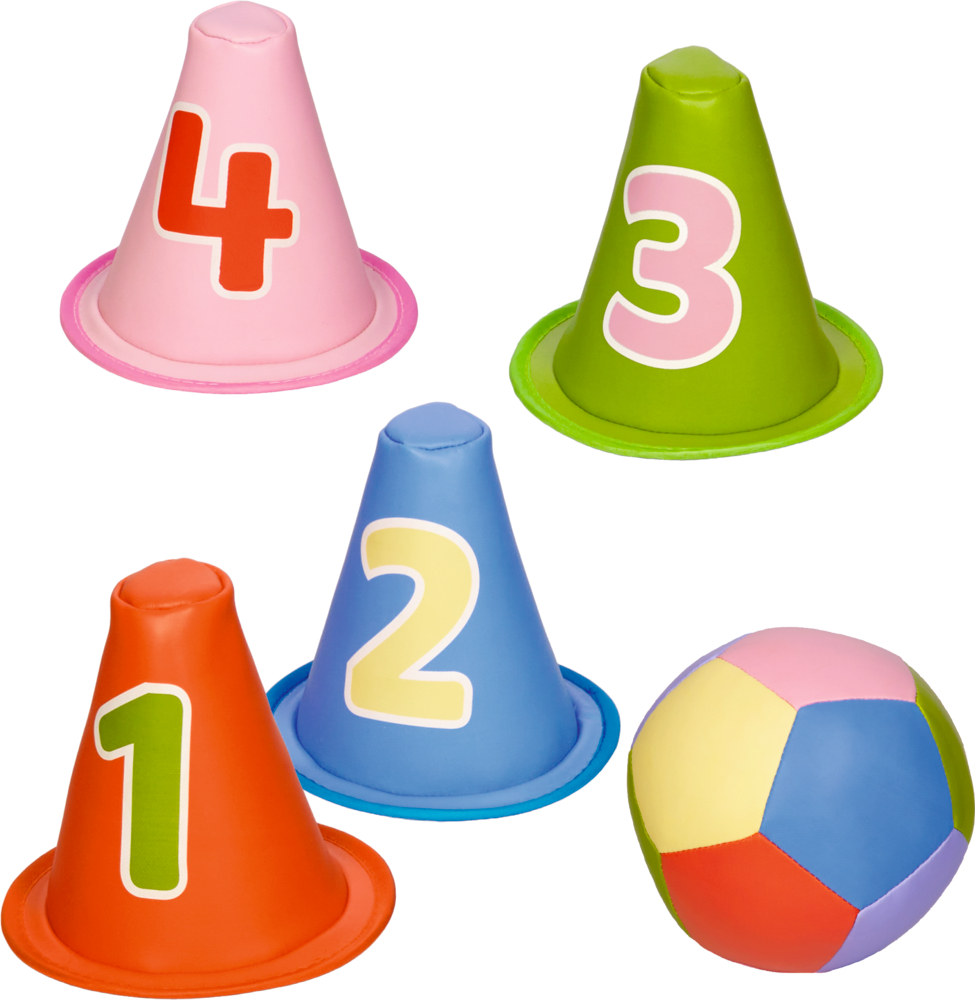Vier bunte Hütchen mit den Zahlen 1 bis 4 und ein mehrfarbiger Ball.