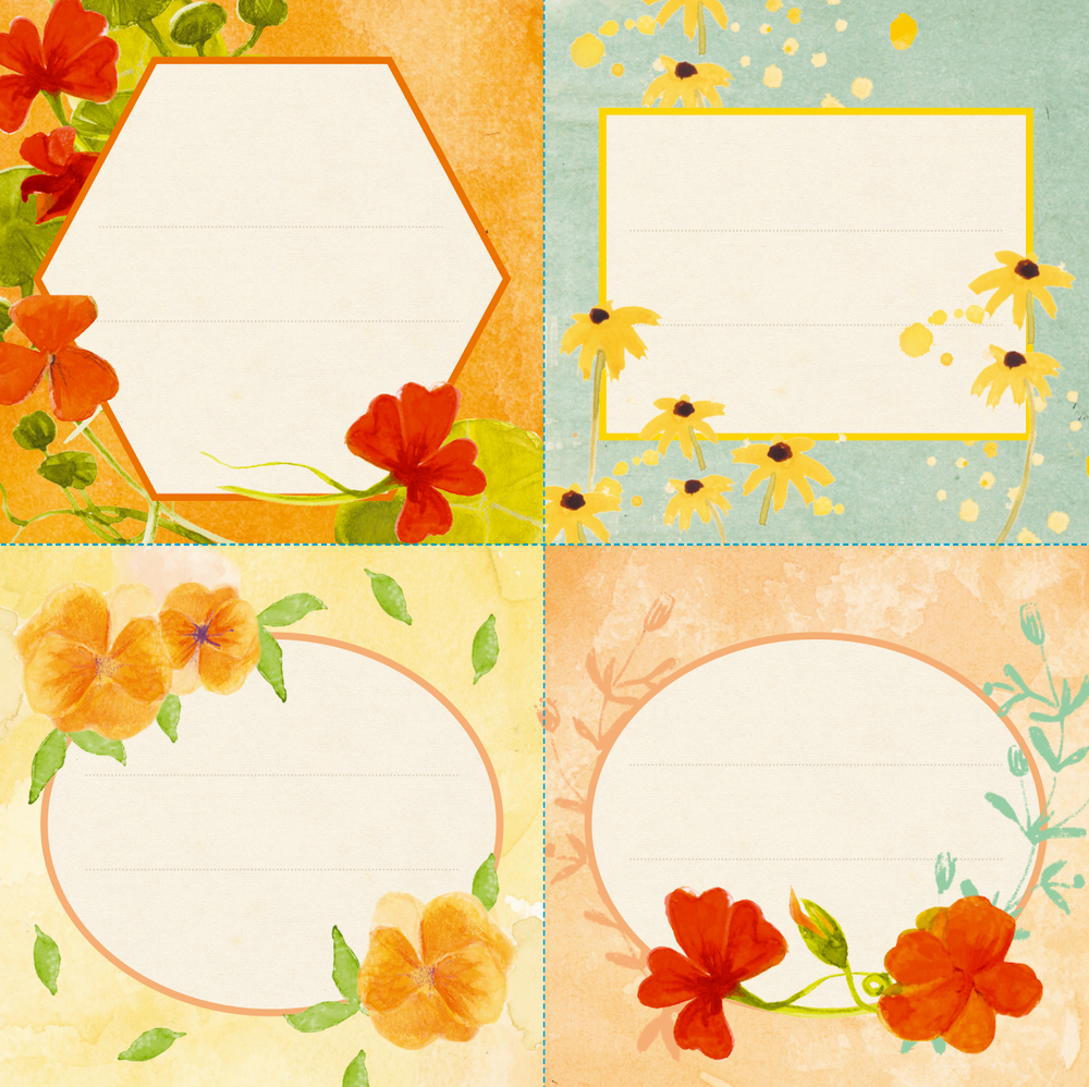 Vier verschiedene Blumenetiketten mit orangefarbenen und gelben Aquarellblumen auf pastellfarbenem Hintergrund zum Beschriften.
