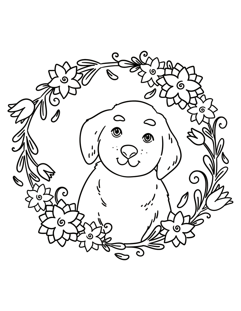 Niedlicher Welpe in einem Blumenkranz, illustriert im Malbuchstil.