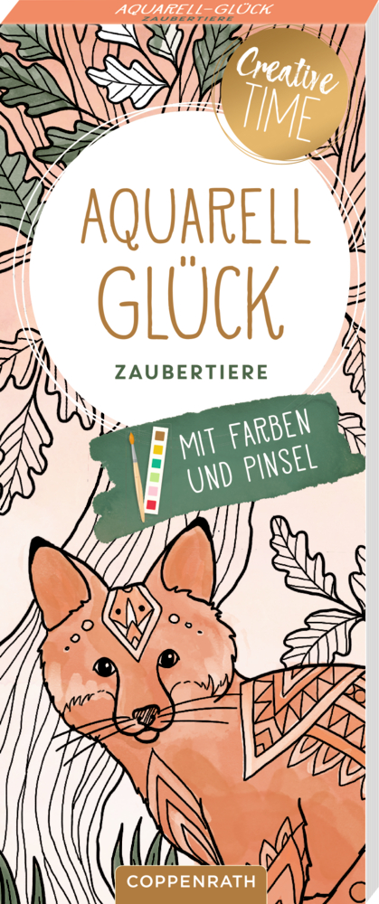 Coverabbildung des Malblocks „Aquarell Glück“ mit einem stilisierten Fuchs, Blättern.