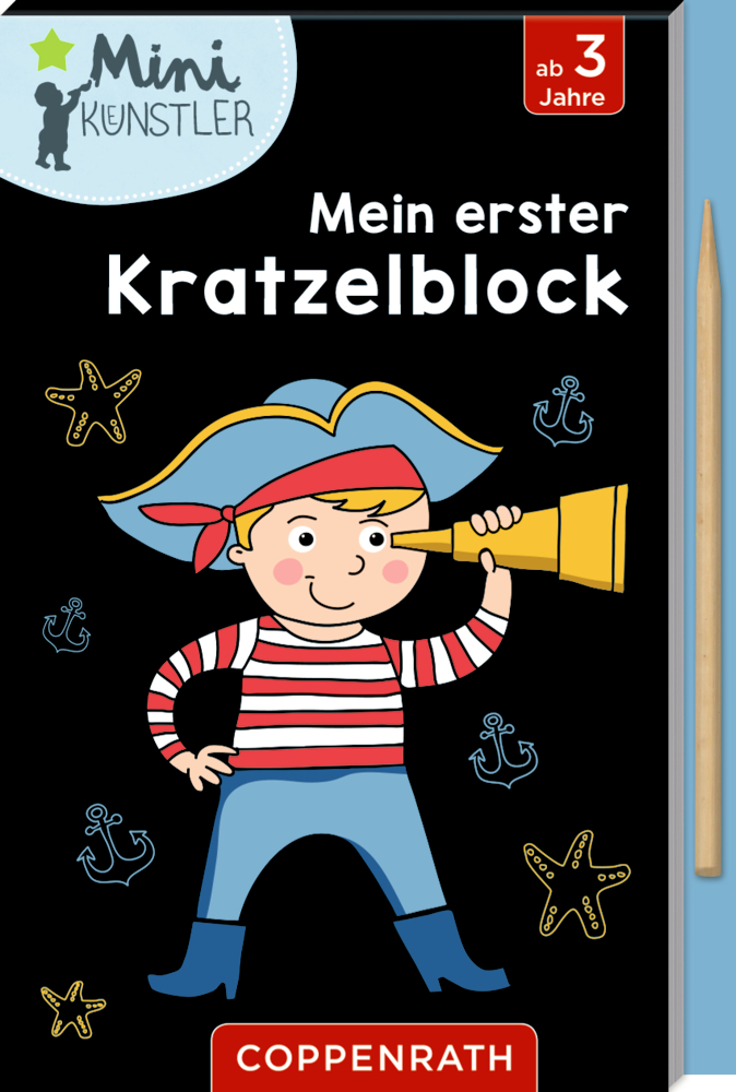 Kinder-Kratzelblock mit Piratenillustration auf schwarzem Untergrund.