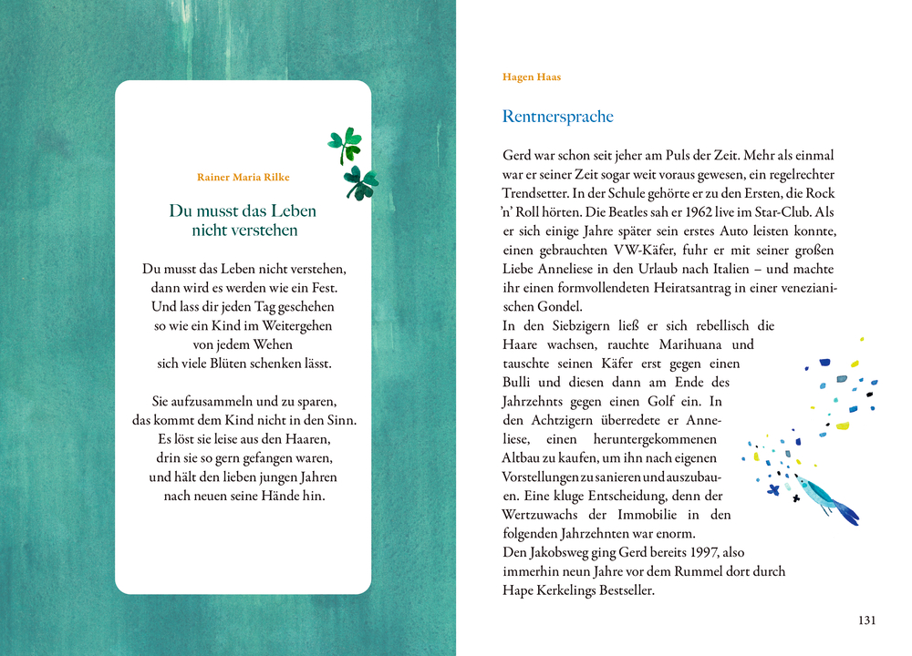 Eine Buchseite auf der links ein deutsches Gedicht abgebildet ist und rechts eine Geschichte auf blaugrünem Hintergrund.
