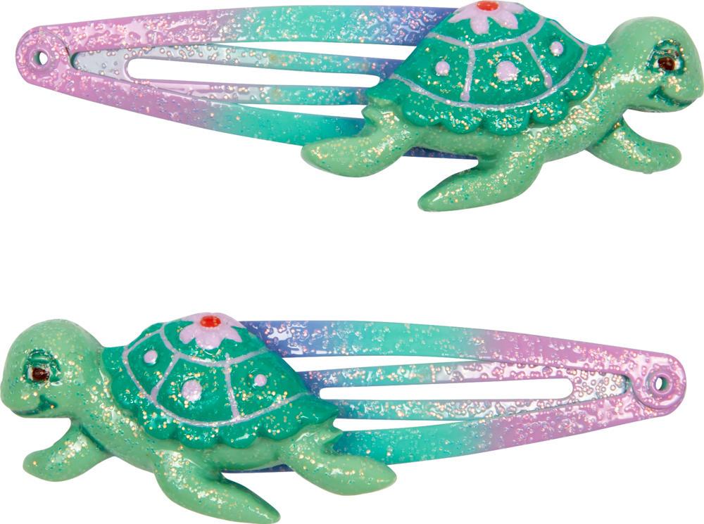 Zwei rosa-grüne Glitzerhaarspangen mit grünen Schildkröten.