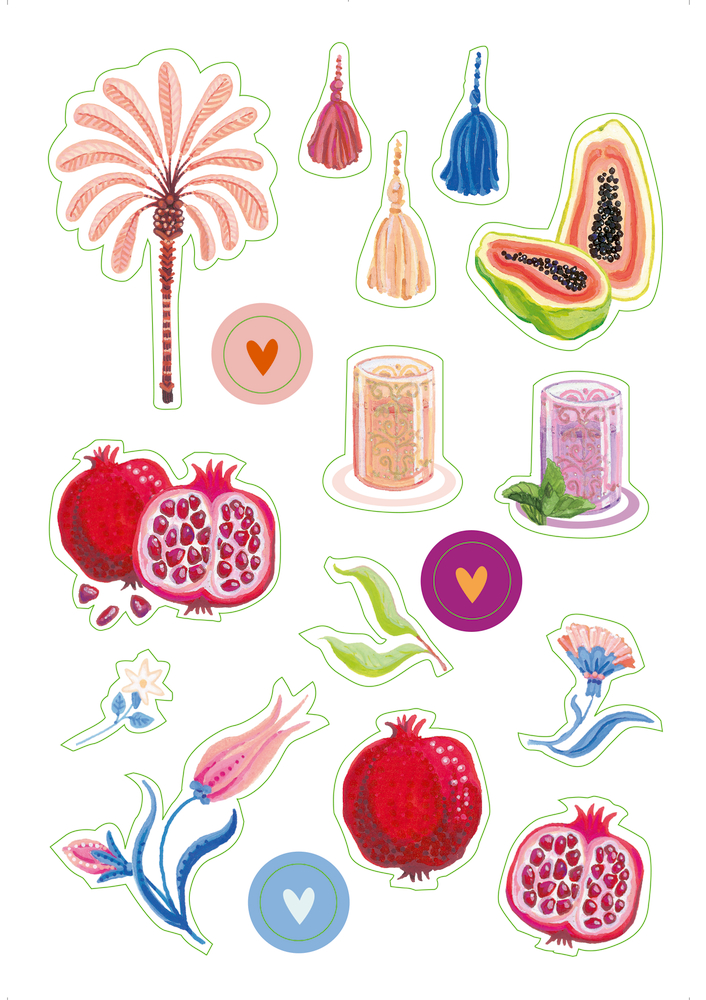 Stickerbogen mit Illustrationen von Granatäpfeln, Blüten, Blättern, Getränkegläsern, Quasten, Papaya, Palme und bunten Herzen.