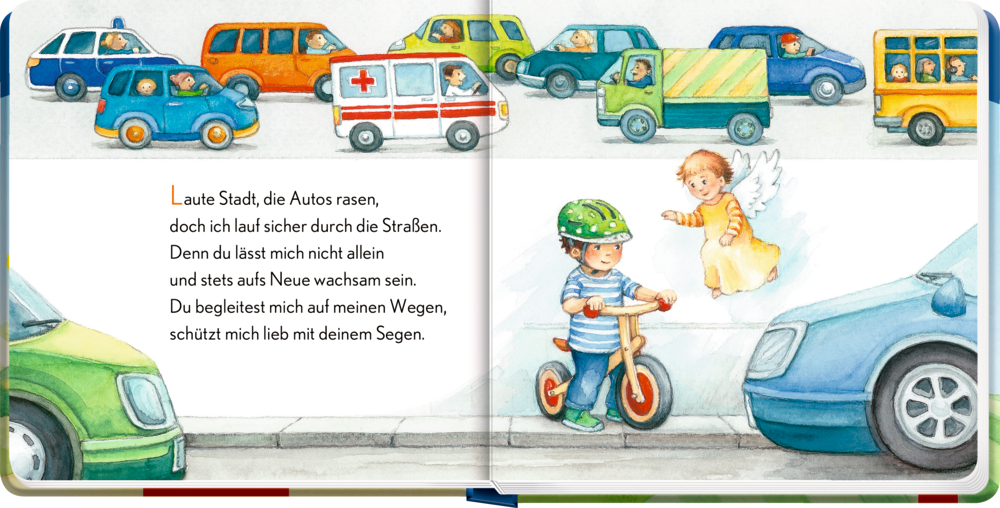 Innenansicht mit deutschem Text, ein Kind mit Helm fährt auf einem Roller an Autos vorbei, beschützend beobachtet von einem kleinen Schutzengel.