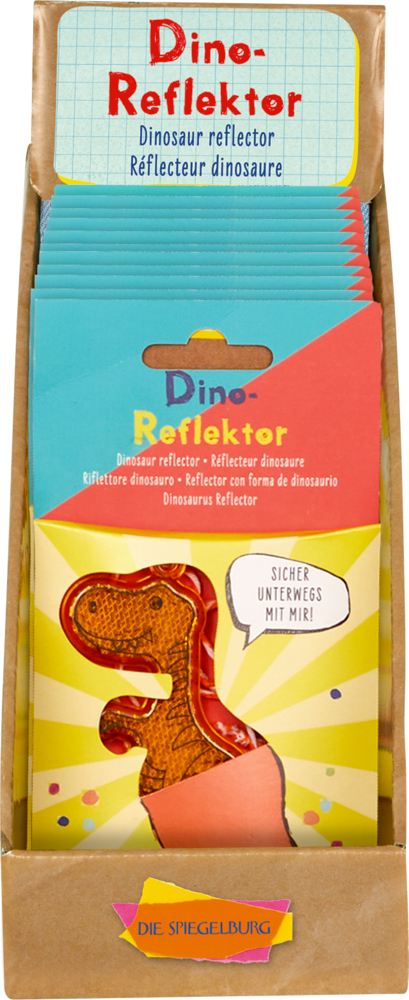 Schachtel mit braunen Dinosaurierreflektoren, aufrecht präsentiert in einem Pappständer.