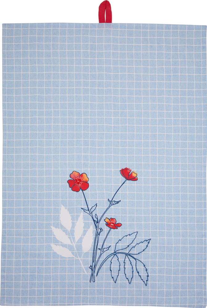 Hellblau kariertes Geschirrtuch mit einem einfachen handgezeichneten Muster aus Blättern und Blumen.