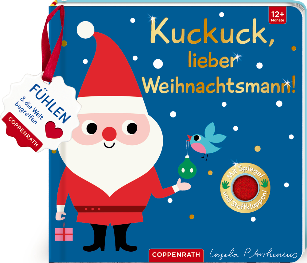 Illustration: Weihnachtsmann mit grüner Weihnachtskugel, Vogel und Deko auf blauem Buchcover.