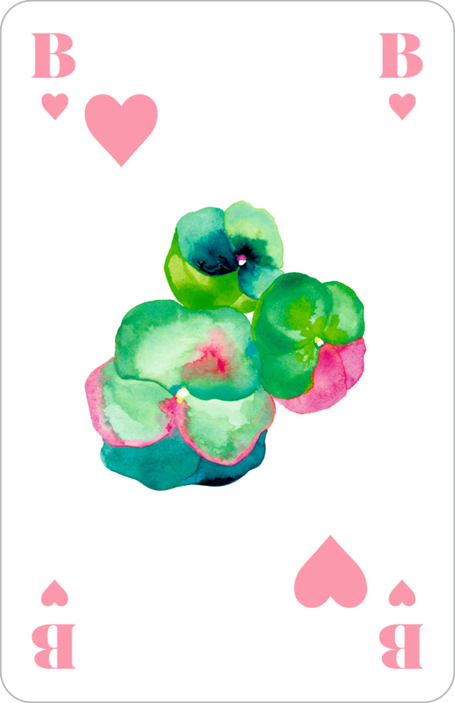Eine Bube-Spielkarte mit  pinken Herzen und einer Aquarellblume in Grün, Blau und Pink.