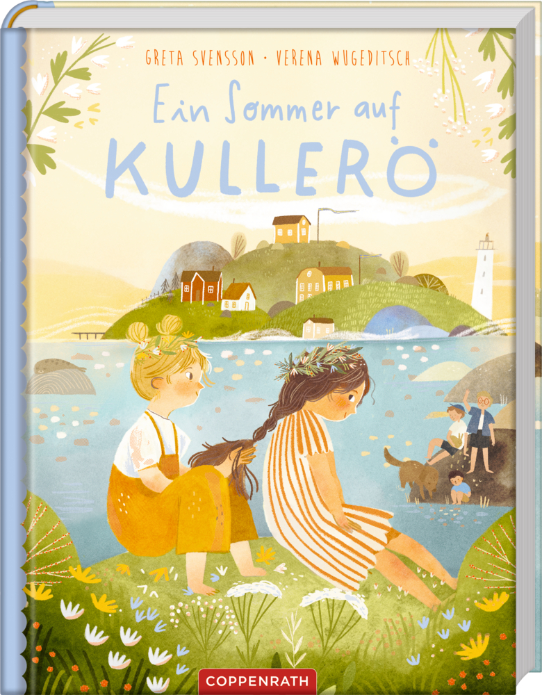 Zwei Kinder sitzen an einem See. Im Hintergrund sind ein Dorf, Hügel und Menschen zu sehen. Buchtitel "Ein Sommer auf Kullerö".