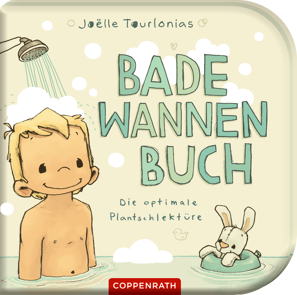Buch-Cover mit Illustration eines lächelnden Kleinkindes in der Badewanne mit einem Stoffhasen im Schwimmreifen und einer laufenden Dusche.