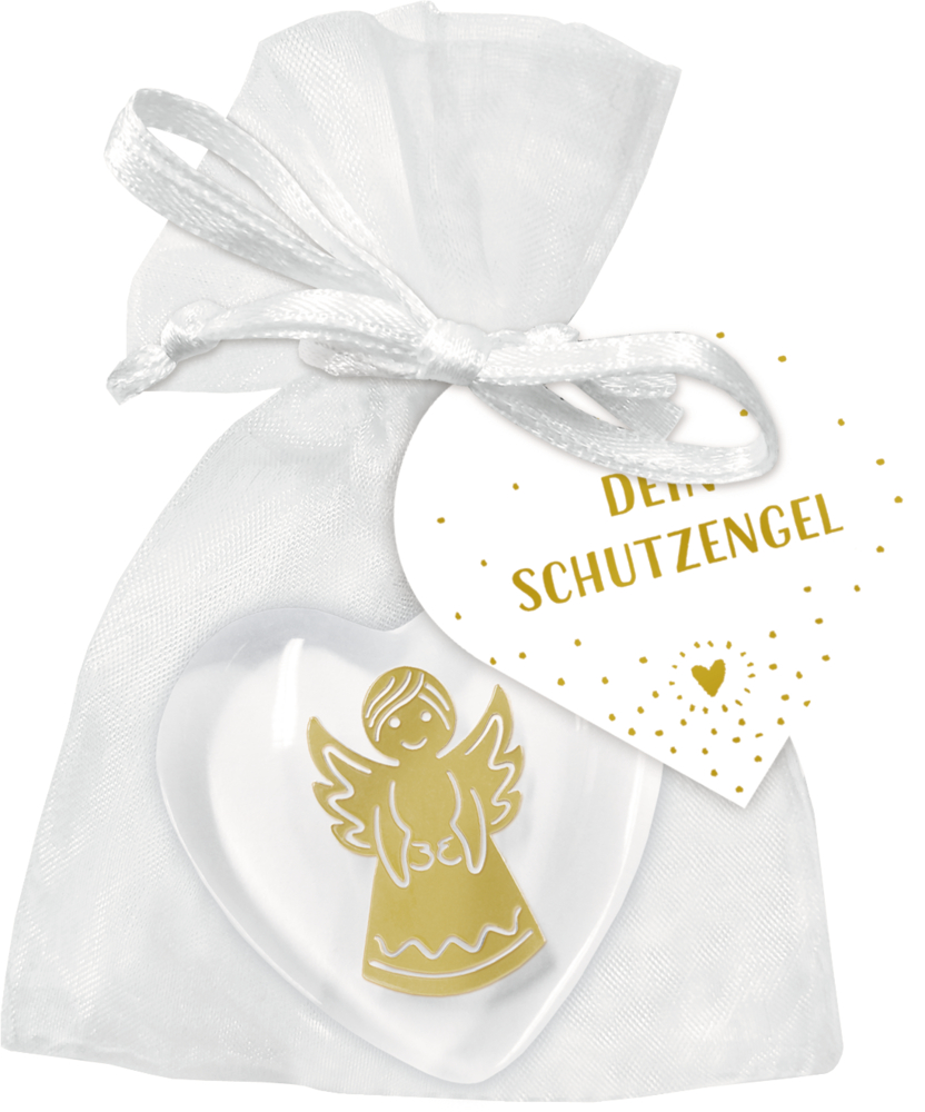 Weißer Organzabeutel mit Glasherz, goldenem Engel und Herzanhänger mit der Aufschrift „DEIN SCHUTZENGEL“.