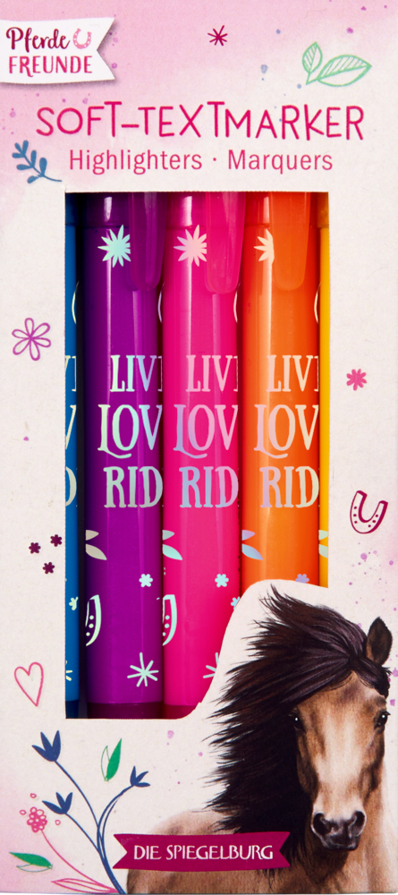 Fünf Textmarker in Blau, Lila, Pink, Orange und Gelb mit weißen Aufdrucken in Verpackung mit Pferdemotiv.