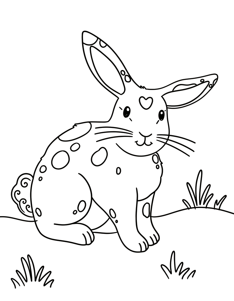 Ausmalbild eines gefleckten Kaninchens mit einem herzförmigen Zeichen auf der Stirn, das im Gras sitzt.