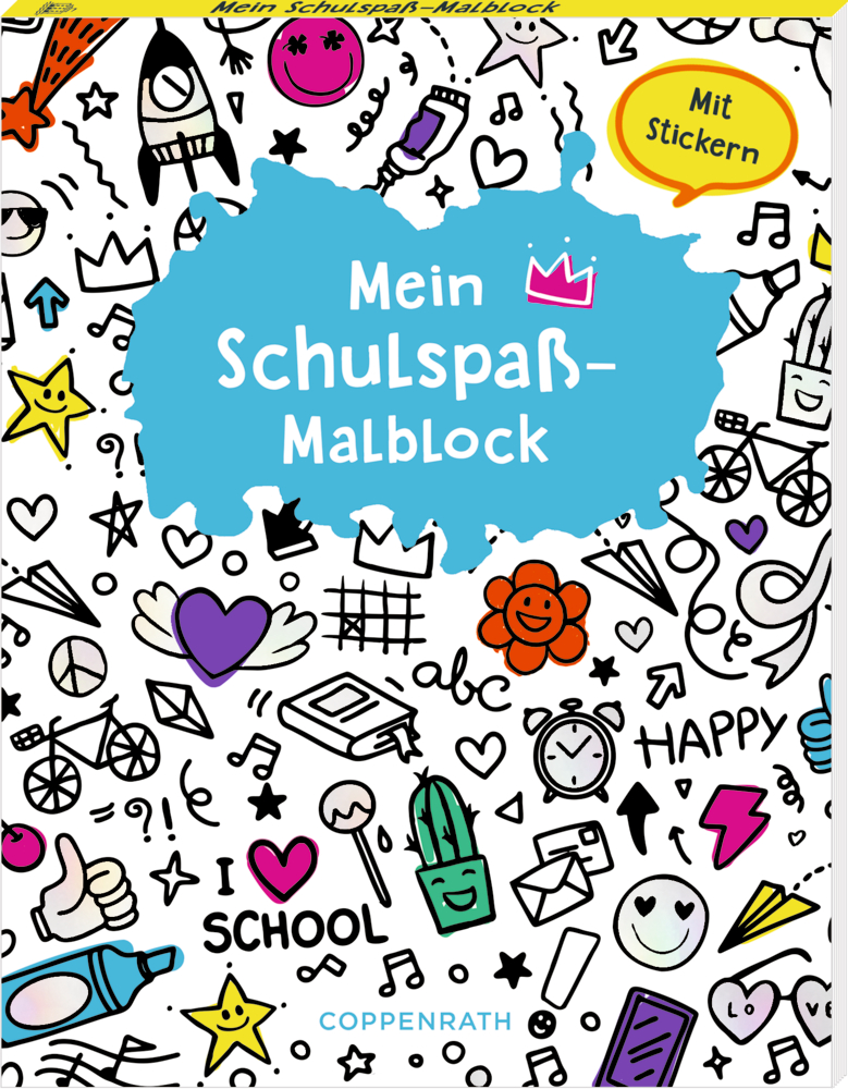 Buntes Cover von â€žMein SchulspaÃŸ-Malblockâ€œ mit Schulmotiven und Stickern.