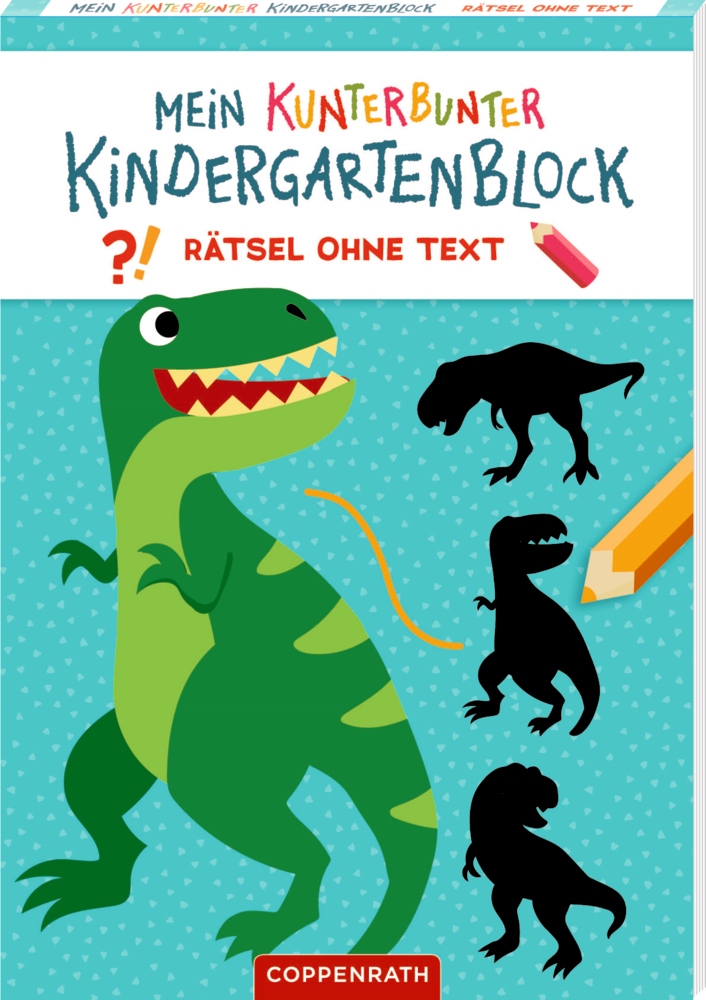 Bunter Dinosaurier und drei schwarze Silhouetten auf blau gemustertem Hintergrund, auf dem Cover von einem Kindergarten Rätselblock.