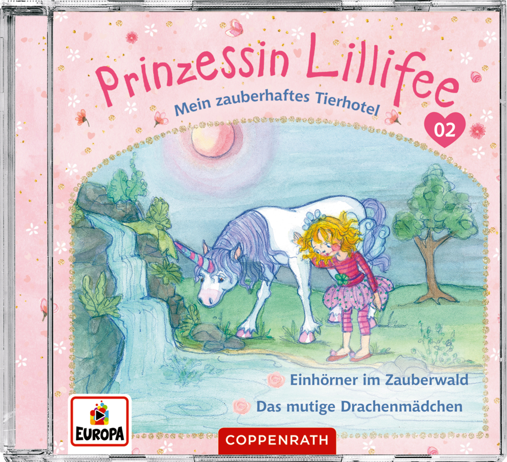 Eine Prinzessin mit Locken streichelt ein Einhorn in einem Zauberwald unter einem rosa Himmel und strahlender Sonne.