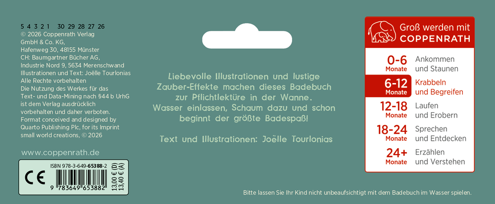 Headerkarte der Badebuchverpackung mit mit Verlagsangaben, ISBN, Preis und Altersempfehlung von 6 bis 12 Monaten.