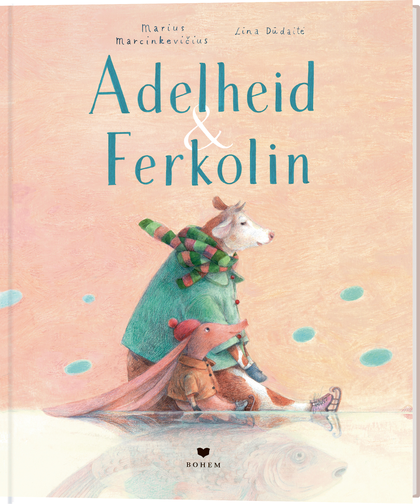 Illustriertes Cover von Adelheid & Ferkolin: Eine Kuh und ein Ferkel in Winterkleidung auf pastellfarbenem Hintergrund.