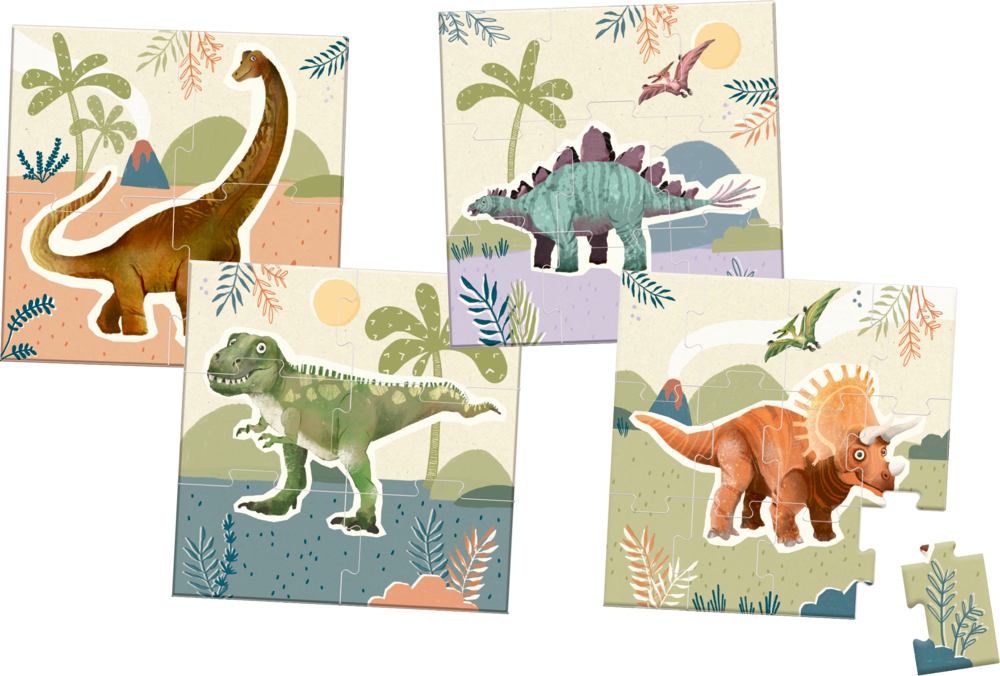 Vier pastellfarbene Dinosaurier-Puzzles mit je einem Dinosaurier vor Landschaft mit Pflanzen und Sonne, ein Puzzle mit fehlendem Teil.