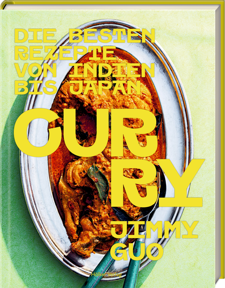 Kochbuchcover mit Currygericht auf Servierplatte, darüber gelbe Schrift.