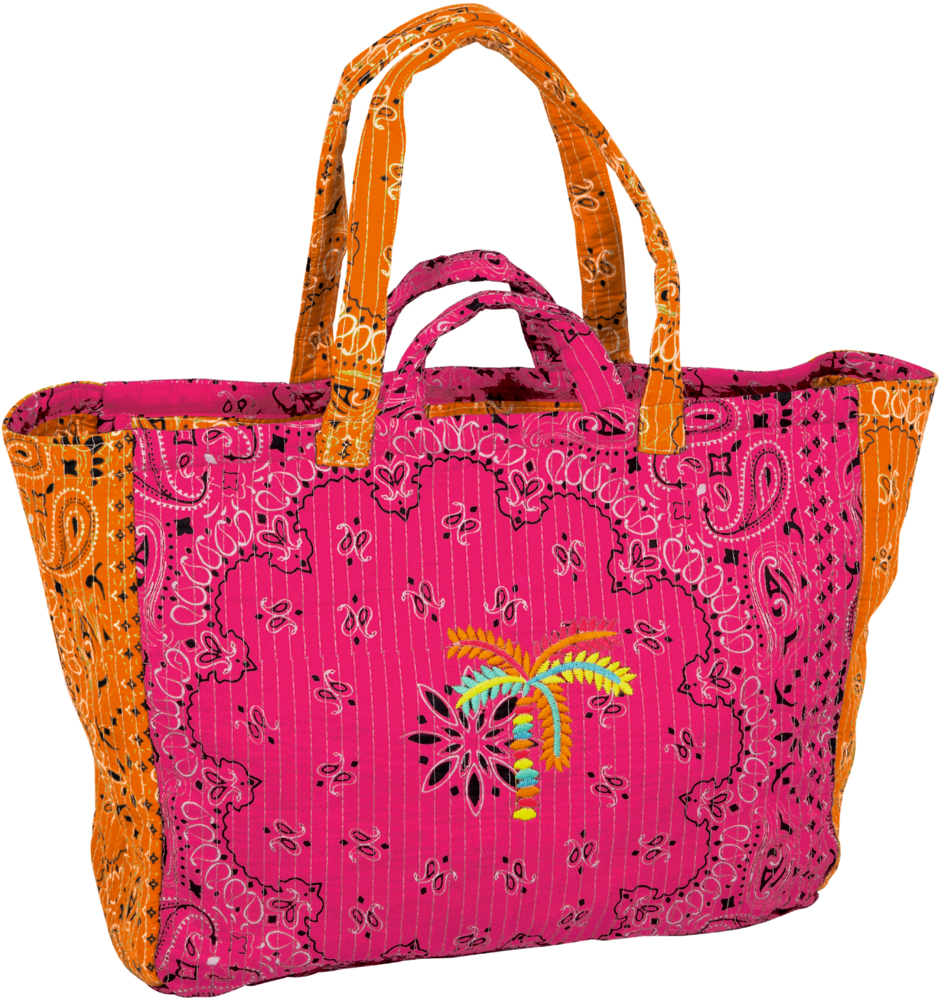 Bunte Stofftasche mit pinkem und orangefarbenem Paisleymuster, zwei Henkeln und gestickter Palme auf der Vorderseite.