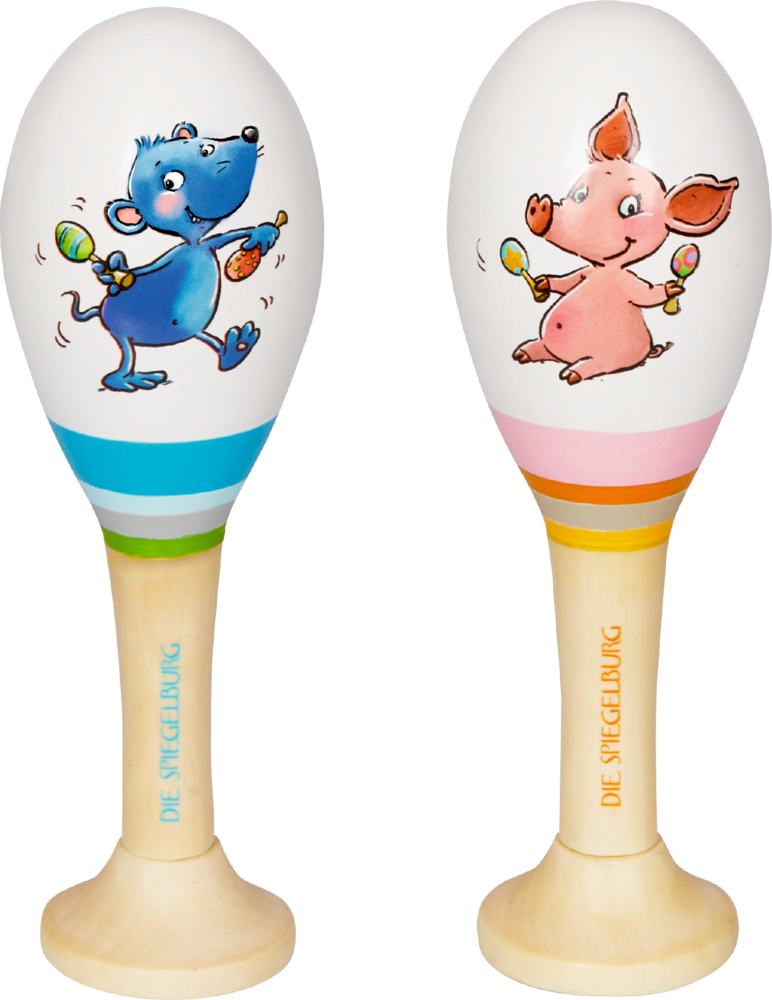 Zwei weiße Maracas mit hellem Holzgriff und Cartoon-Tiermotiven: eine blaue Maus und ein rosa Schwein, die jeweils Maracas halten.