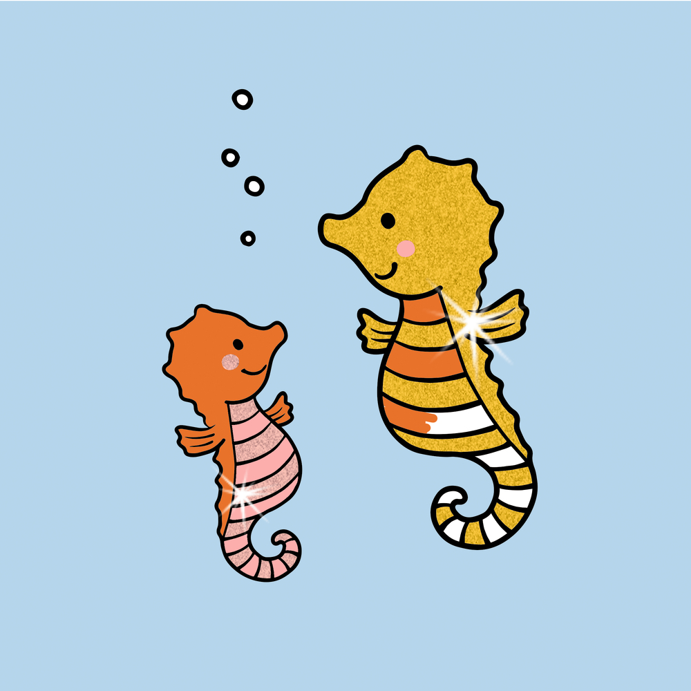 Illustration von zwei bunten Seepferdchen mit Glitzereffekt auf blauem Hintergrund.