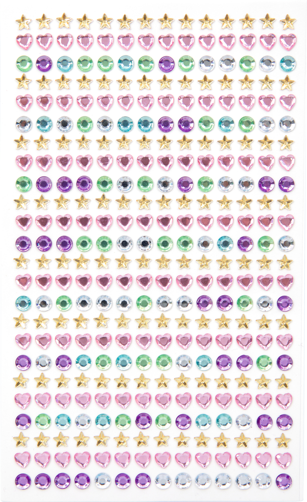 Blatt mit bunten Klebejuwelen in Reihen  (Sterne, Herzen und Kreise in verschiedenen Farben)