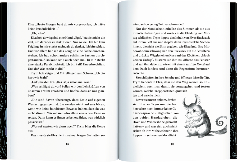 Aufgeschlagenes Buch mit Text und einer schwarz-weißen Illustration eines kleinen, pelzigen, mausähnlichen Fantasiewesens mit großen Augen und buschigem Schwanz.