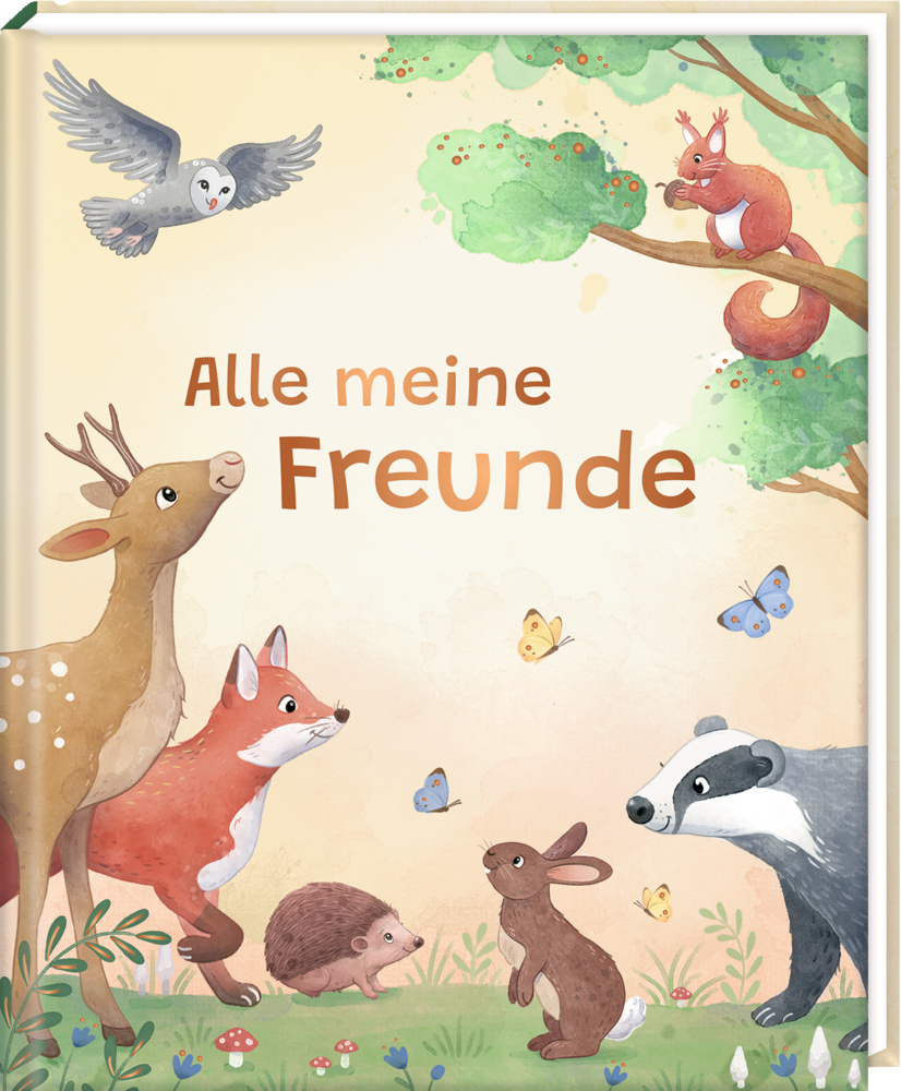 Waldtiere und Schmetterlinge umgeben den Spruch „Alle meine Freunde“ in der Mitte.