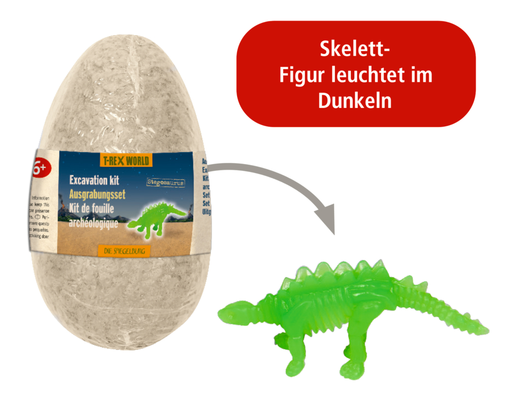 Ovales Ausgrabungsset-Ei mit Etikett, daneben grüne Dinosaurierfigur in Skelettoptik. Hinweistext „Skelett-Figur leuchtet im Dunkeln“.