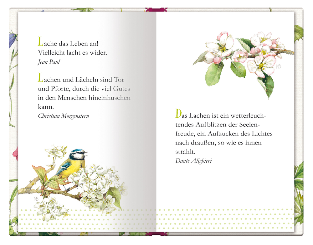 Offenes Buch mit Gedichten, Blumenillustrationen und einem Vogel auf einem blühenden Zweig.