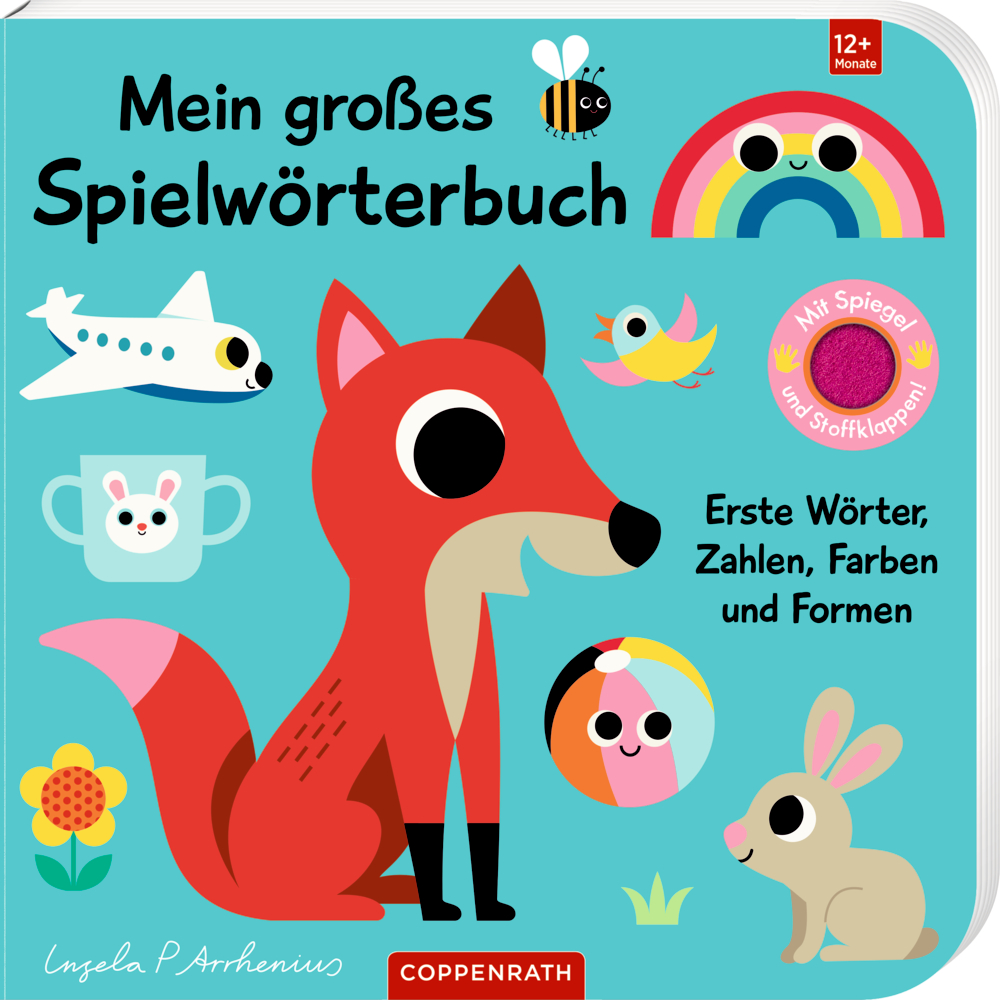 Bunter Pappbuchumschlag mit Tieren, Formen und Gegenständen.