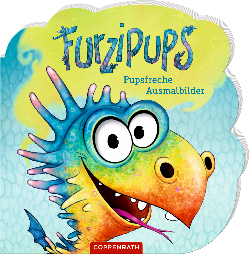 Verspielter Cartoon-Drache mit großen Augen auf blauem Hintergrund,auf dem Cover von einem Ausmalbuch.