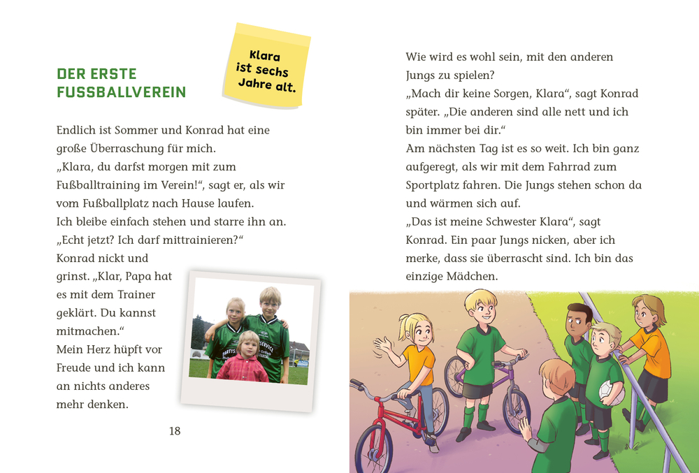 Text und Illustration eines lächelnden blondes Mädchen auf einem roten Spielzeugauto und mit Fußball.