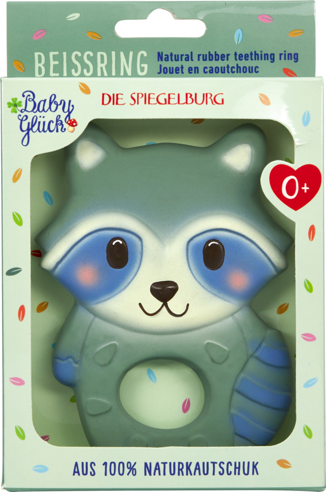 Grüner und blauer Waschbär-Beißring aus Naturkautschuk in Verpackung mit Aufschrift 0+ und BabyGlück.