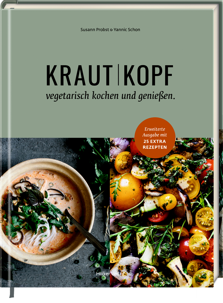 Krautkopf-Buchcover mit Fotos von vegetarischen Gerichten, frischen Kräutern und buntem Gemüse.