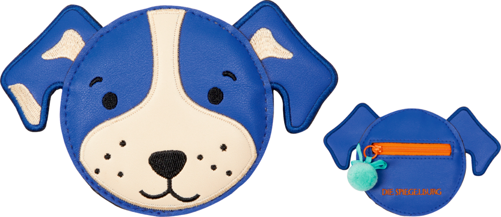 Runde blaue Geldbörse in Hundeform mit einer kleinen orangefarbenen Reißverschlusstasche hinten.